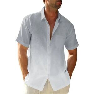 Men's Gradient Linen Shirt Casual Button Down Short Sleeve Summer Shirt, Gray
